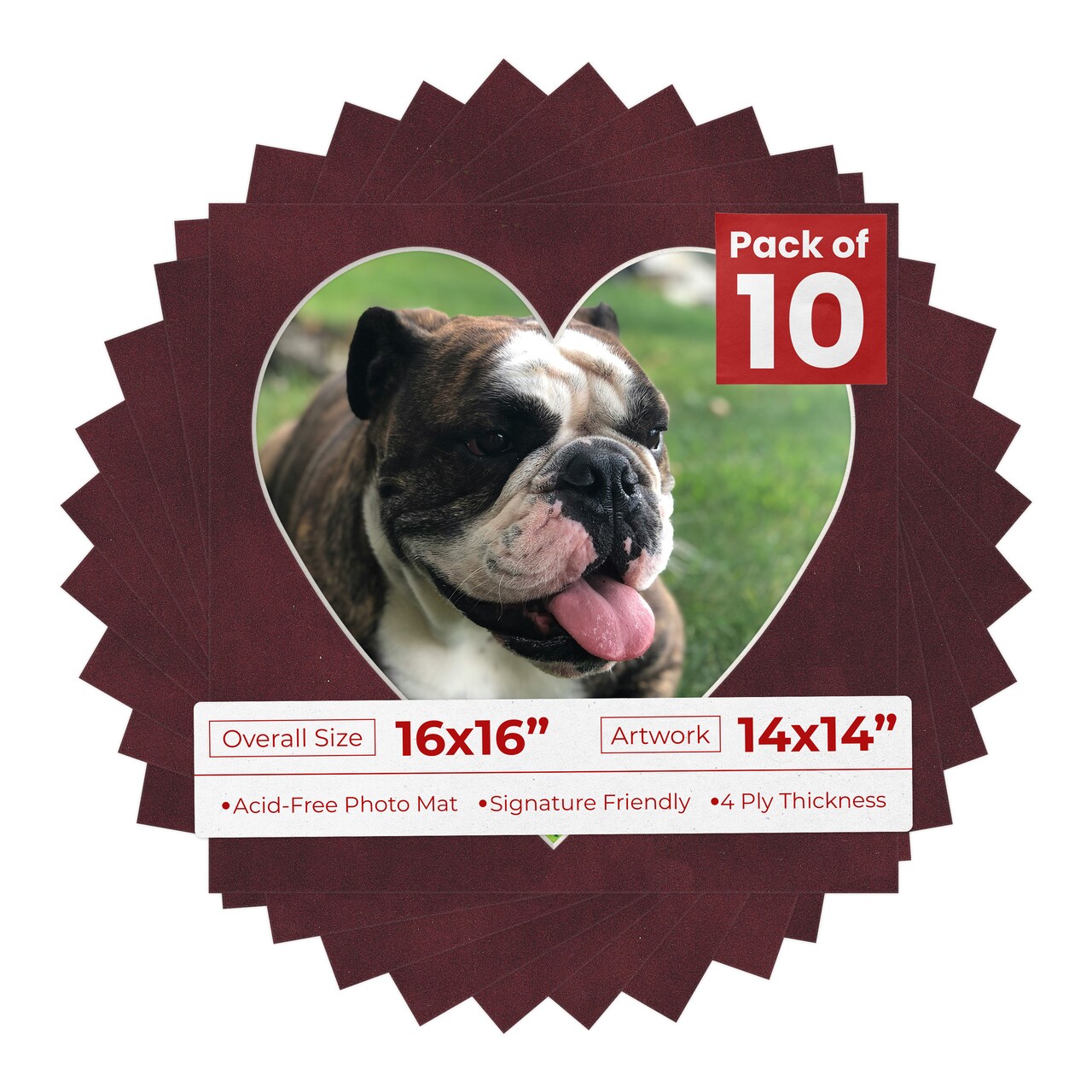 Dark Red Suede Mat Board for 16x16 Frames - Heart Opening for 14x14 Photos